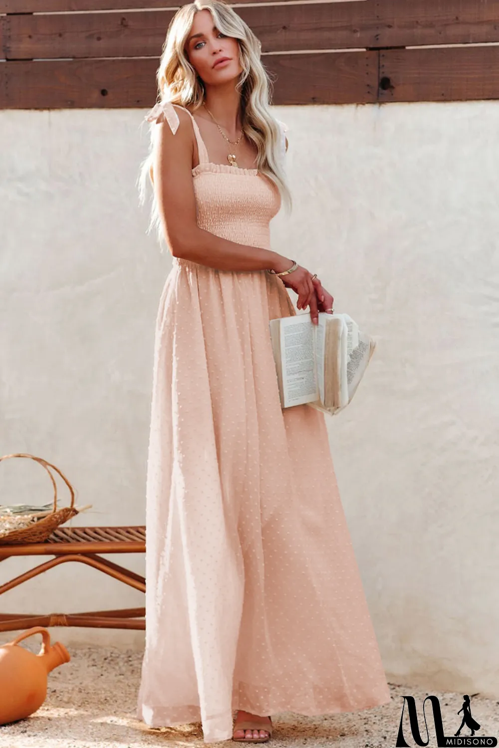 MidiSono - Beige Smocked Swiss Dot Maxi Dress