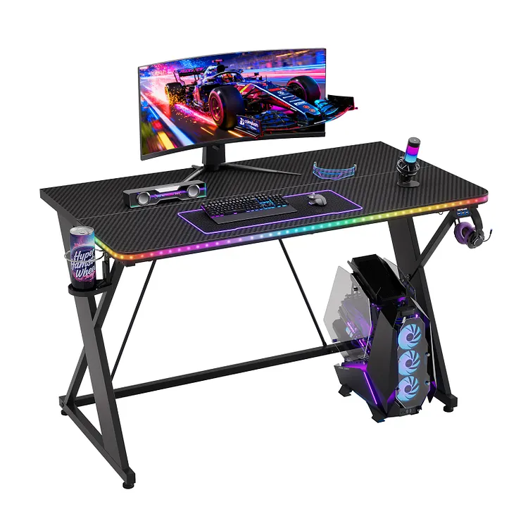 RSPGAME Music Sync Gaming Desk with LED Lights, Gamer Table with Cup Holder & Headphone Hook, X-Shape Home Office PC Computer Desk, Carbon Fiber