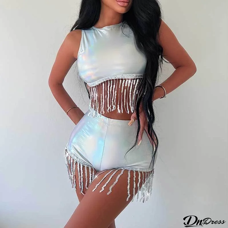 Sexy Tassel Tank Top And Tassel Shorts Two-Piece Set