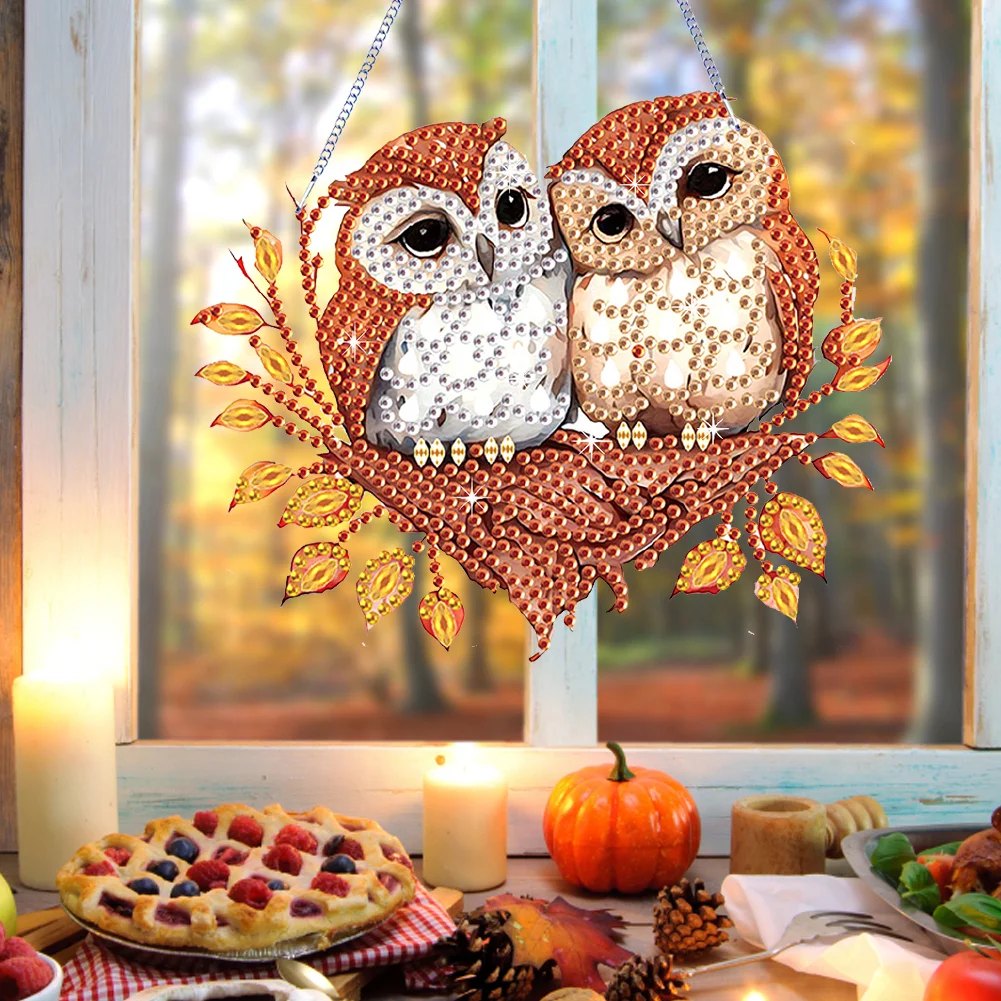 DIY Autumn Owl Special Shape Diamond Painting Hanging Pendant
