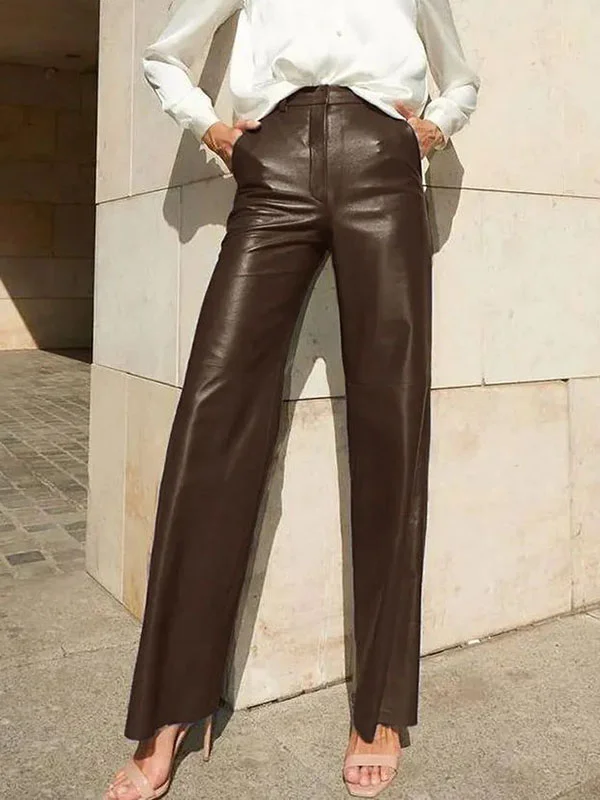 Skinny Leg Straight Leg High-Waisted Solid Color Split-Joint PU Pants Trousers