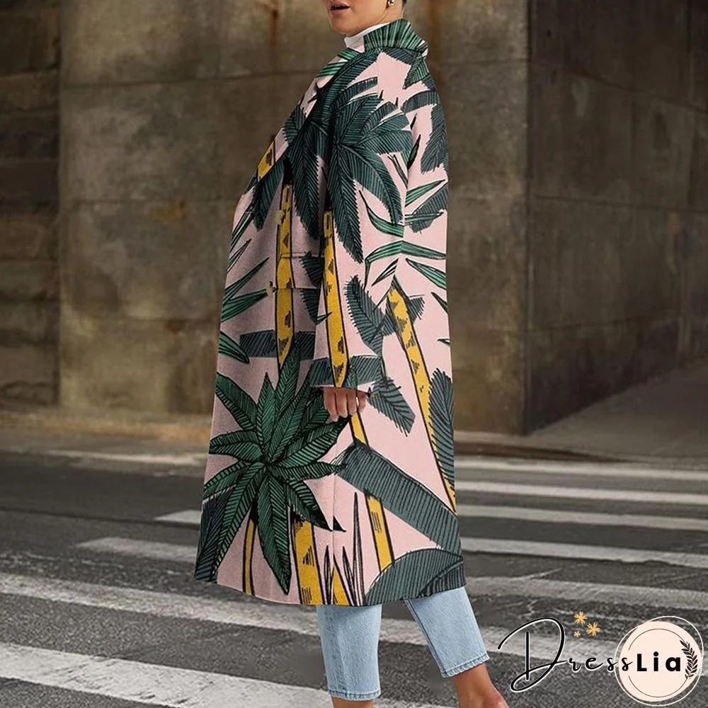 Leaves And Figure Printed Long Coat