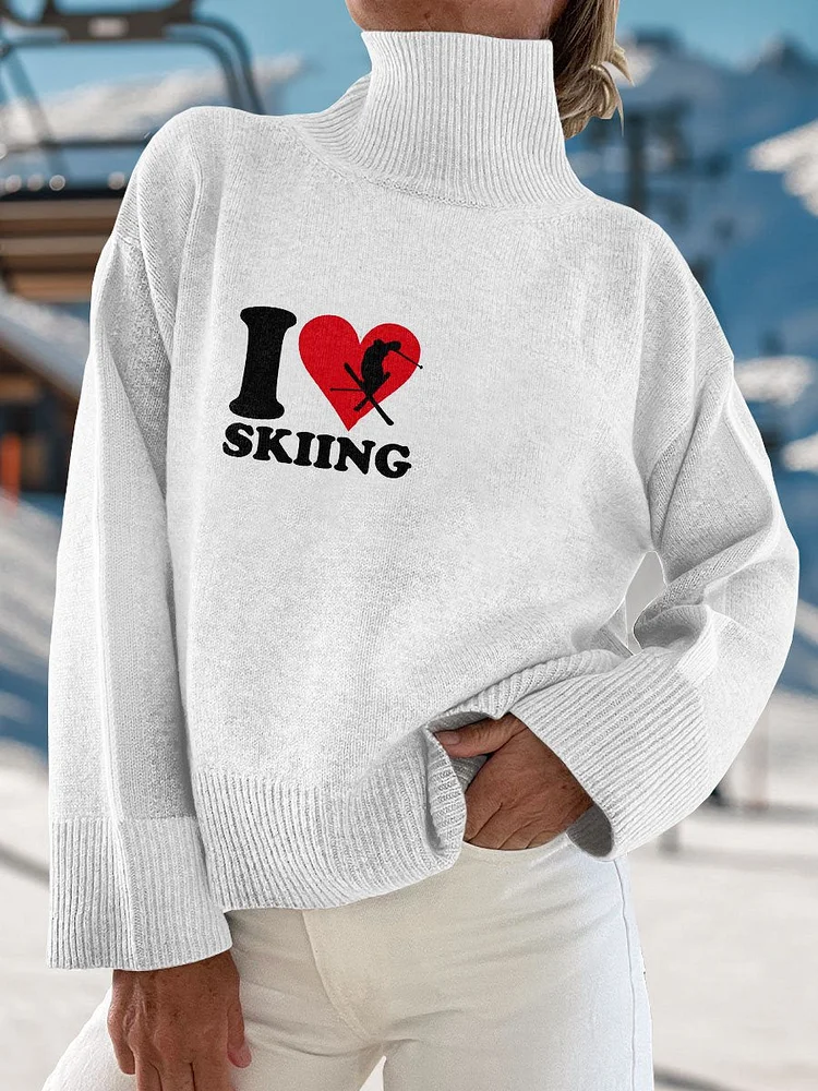 Winter Skiing Art Print Knit Turtleneck Pullover Sweater