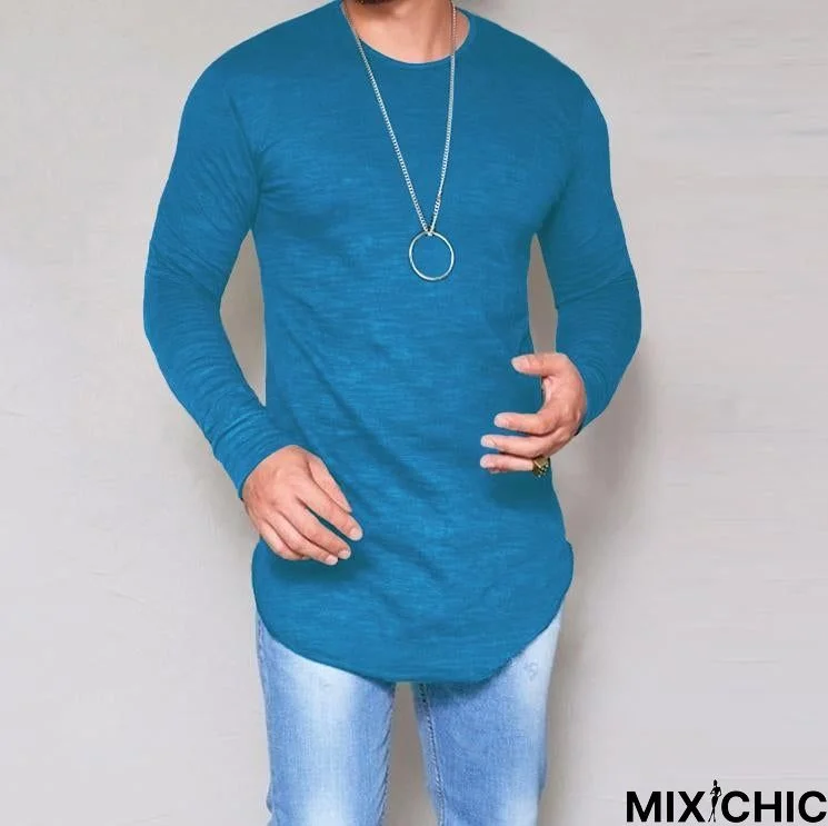 Plus Size Fashion Casual Slim Elastic Soft Solid Long Sleeve Men T Shirts Male Fit Tops Tee