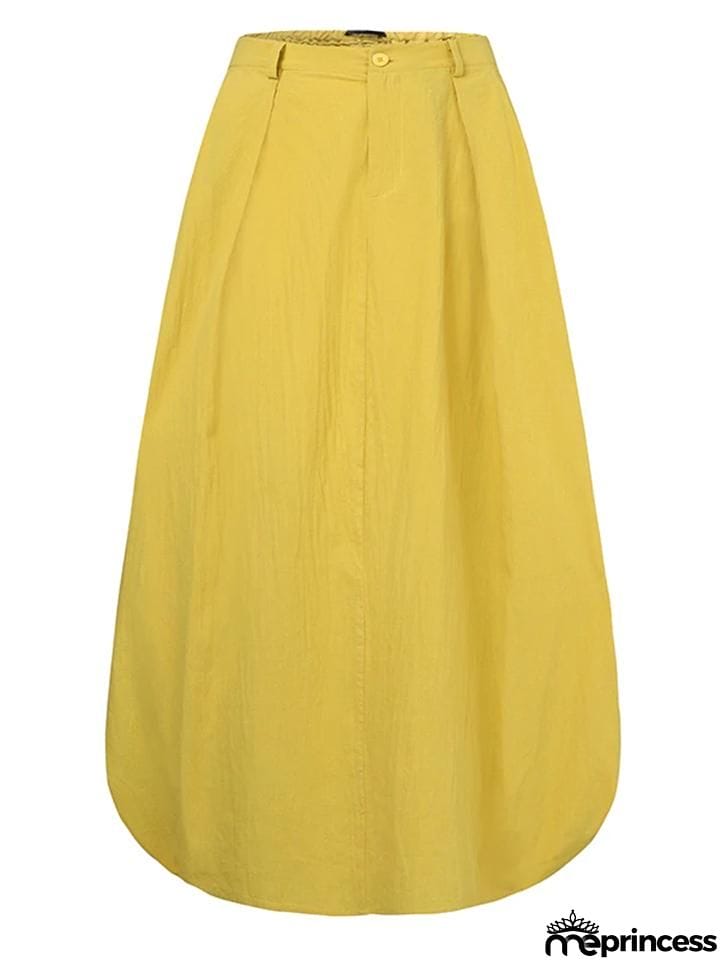 Retro Style Elastic Waist Button Zipper Pocket Flare Maxi Skirt