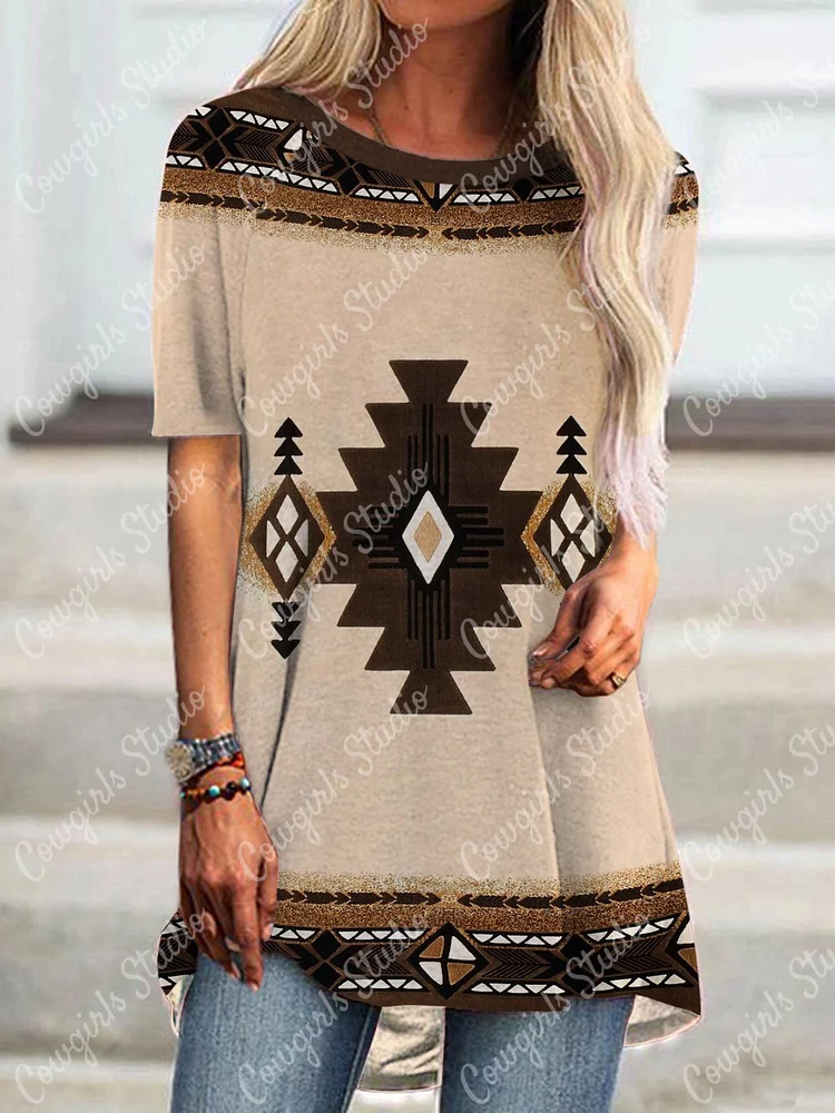 Crewneck Western Style Geometric Print Ladies Casual Top