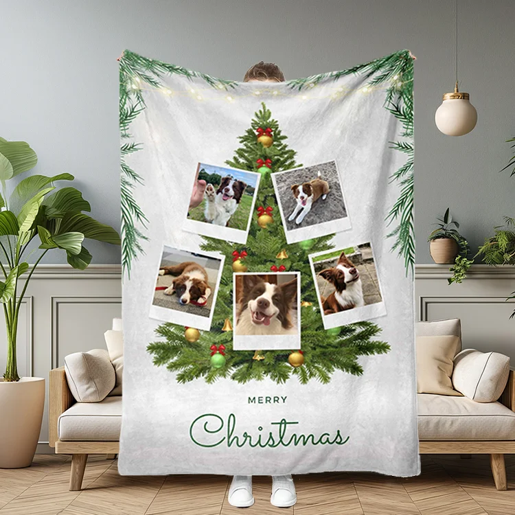  Personalized Christmas Family Photo Tree Blanket, Custom Pet Photo Blanket, Christmas Gift
