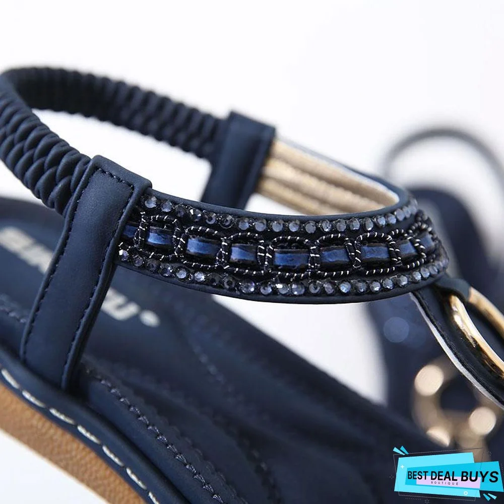 Women String Bead Flip Flop Metal Decoration Wedge Beach Sandals