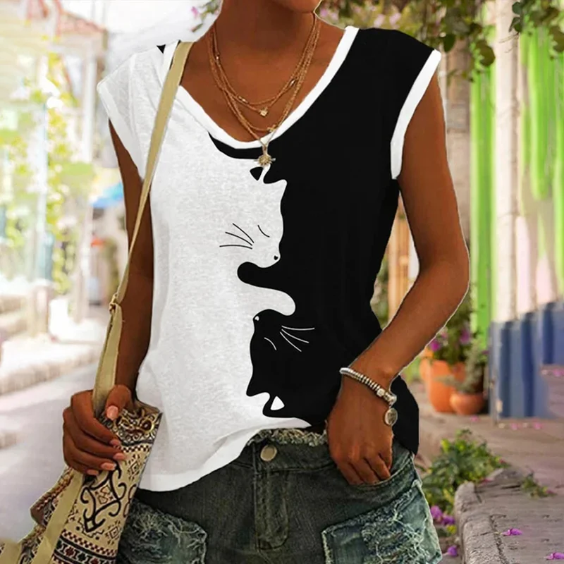 Black And White Cat V-Neck Print Tank Top