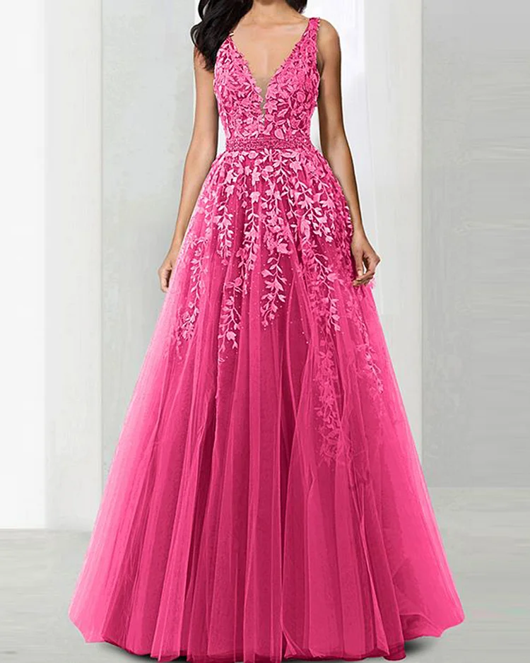Layered chiffon silk maxi dress lace Gown