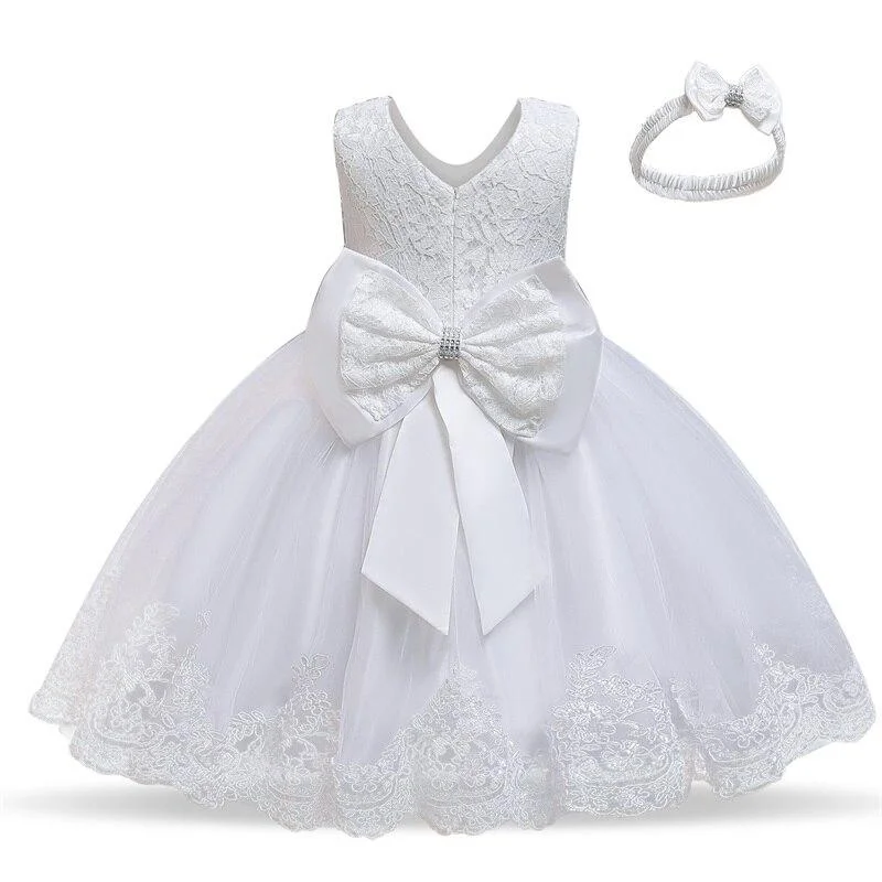 Baby Girls White Baptism Dress Newborn Princess Birthday Wear Toddler Flower Christening Ball Gown Kids Dresses for Girls 12 24M