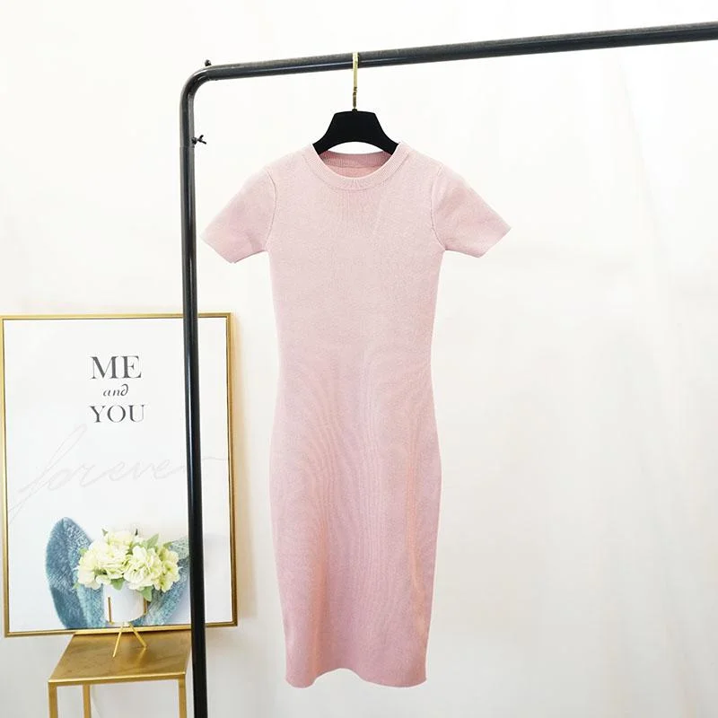 FTLZZ New Women Stretch Knitted Midi Dress Summer Spring Lady Casual O-neck Slim Knitting Bodycon Dresses Vintage Vestidos