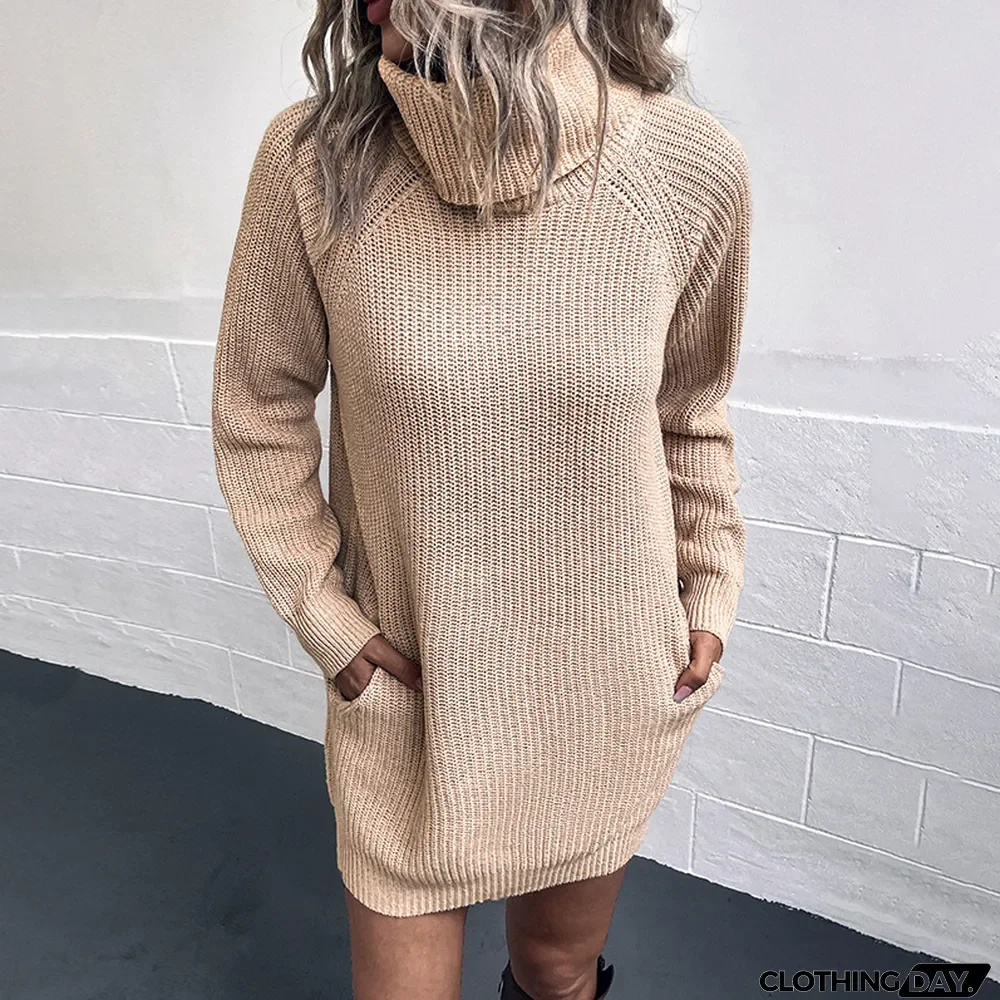 Women Solid Color Turtleneck Knitting Dress Autumn Winter Pocket Turndown Collar Sweater Dress