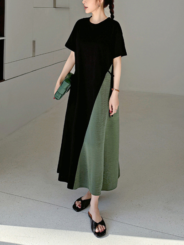 Colorblock Round Neck Short Sleeve Maxi Dress