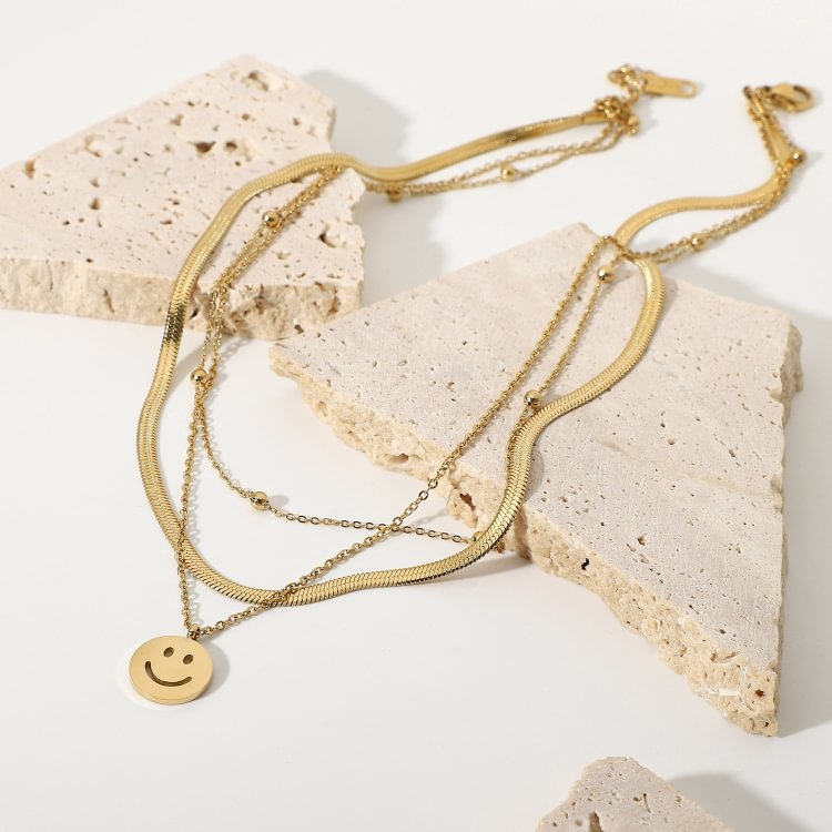 Three Layers Snake Chain Smiley Pendant Necklace