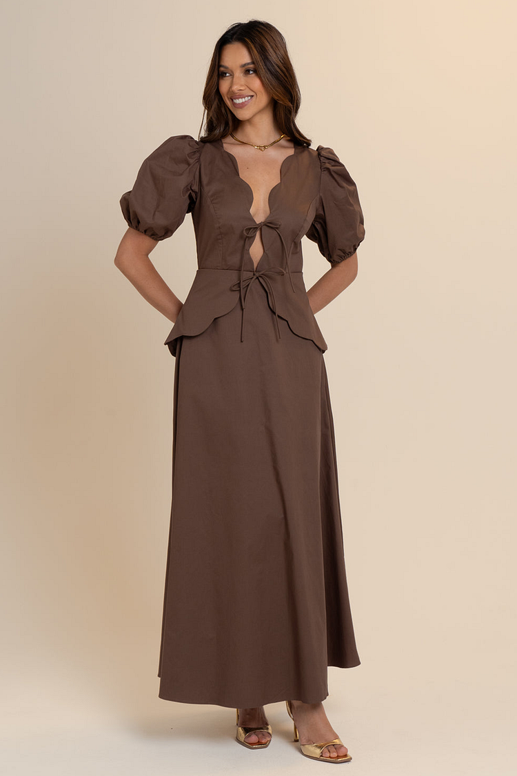 Puff Sleeve Scallop Trim Tie Up Solid Color Maxi Dresses-Brown [Pre Order]
