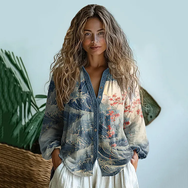 Bohemian Style Linen Blossom Waves Art Print Long Sleeve Shirt