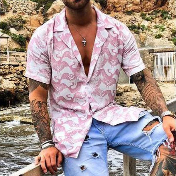 Crane Print Short-sleeved Shirt