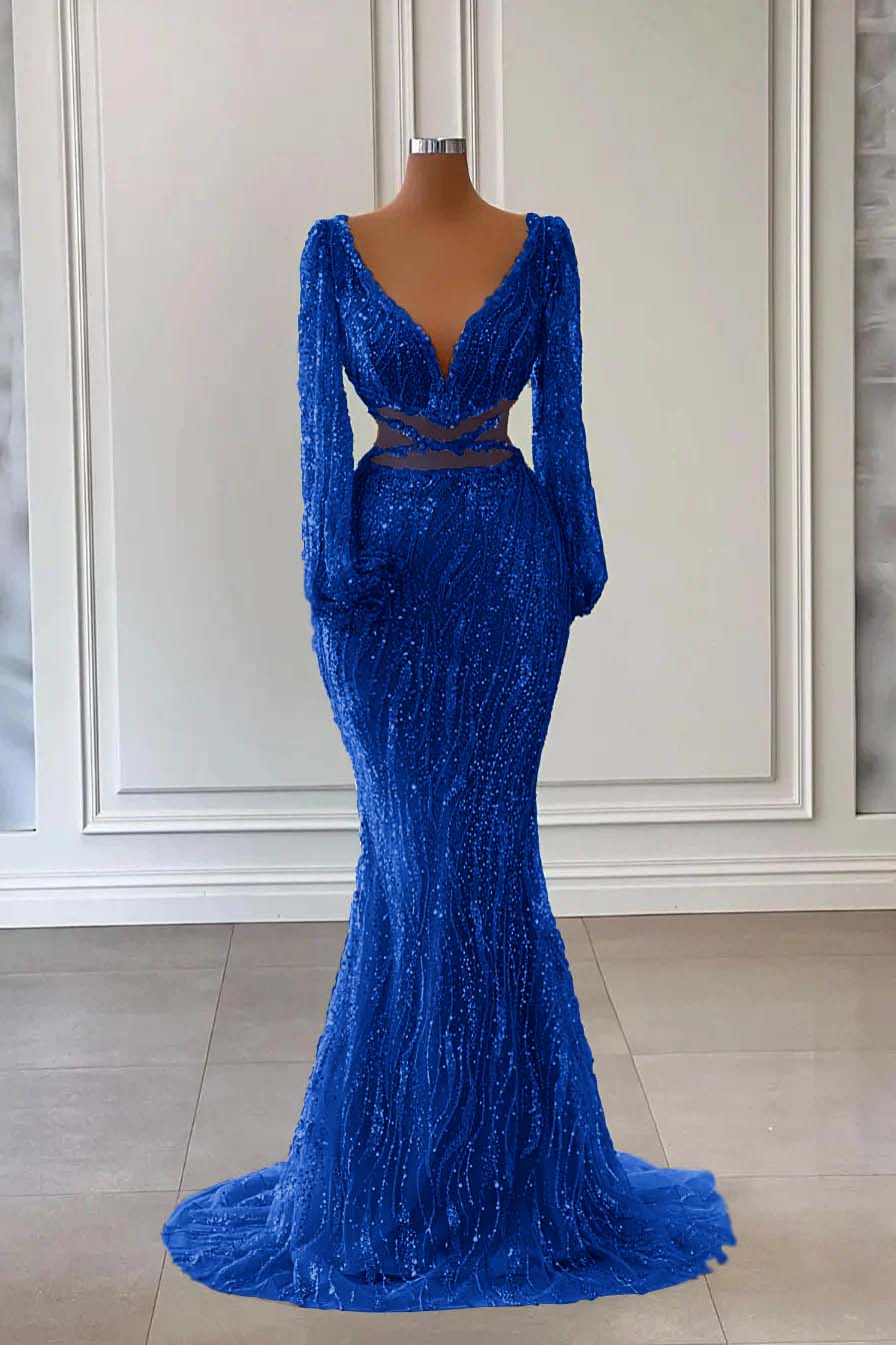 Hidais Light Green Long Sleeves V Neck Mermaid Evening Dress With Sequins Beading