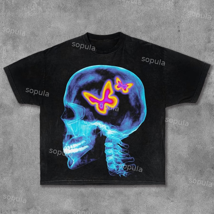 Skull Butterfly Print Graphic Cotton T-shirt - Sopula｜Premium Graphic Tees & Graphic Clothing