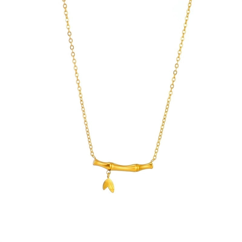 Titanium Steel 18K Gold Plated Minimalist Bamboo Zircon Necklace