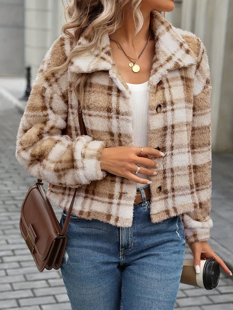 Women's Winter Plaid Coat Plaid Button Up Collared Neck Long Sleeve Jacket