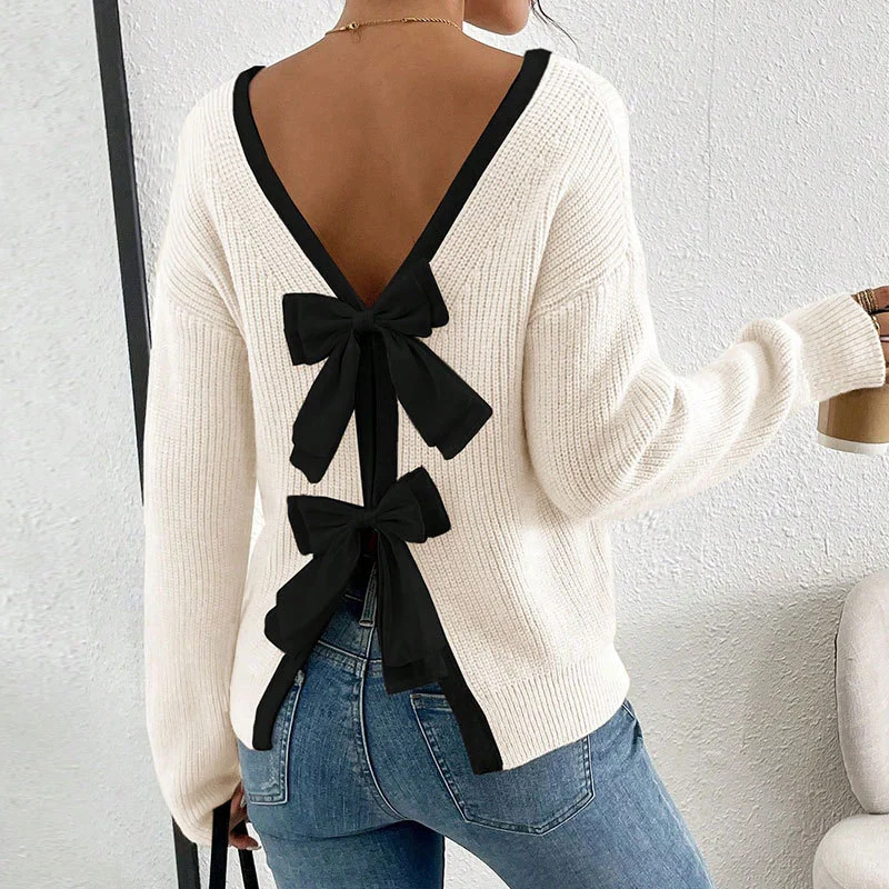 Athvotar Athvotar And Winter New Sweater Women's Fashion Back Bow Decorated Round Collar Knitted Shirt