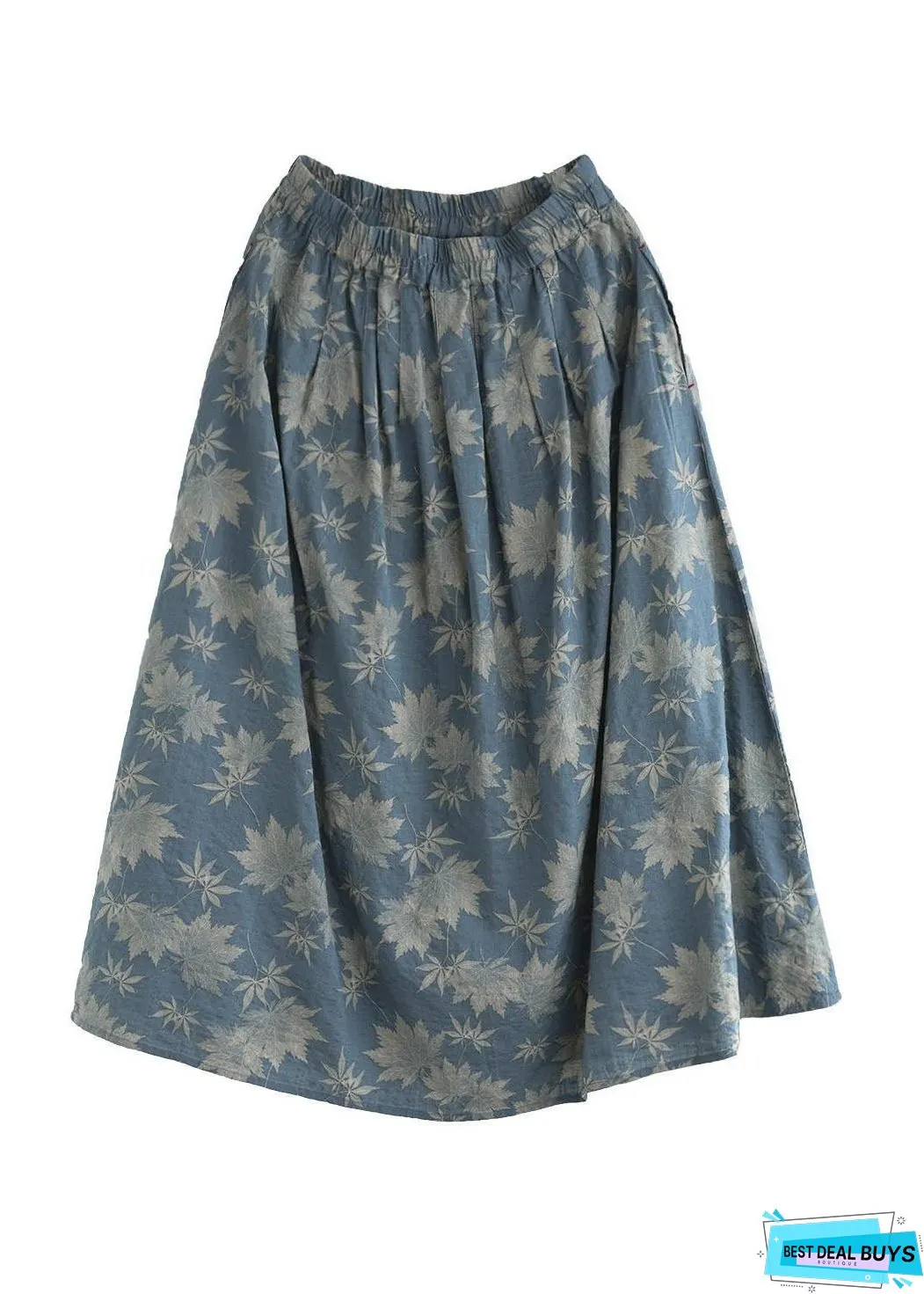 Vintage Blue Wrinkled Pockets Print Linen Skirt Spring
