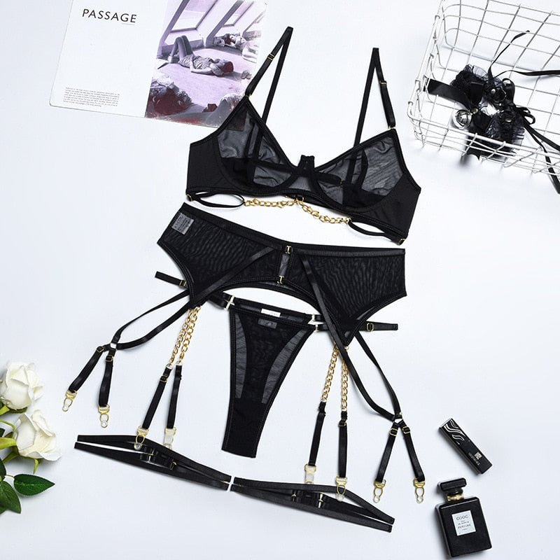 MIRABELLE Sensual Lingerie Sexy Transparent Lace Bra and Thong Garters Underwear Set See Through Erotic Set Hot Porn Exotic Sets