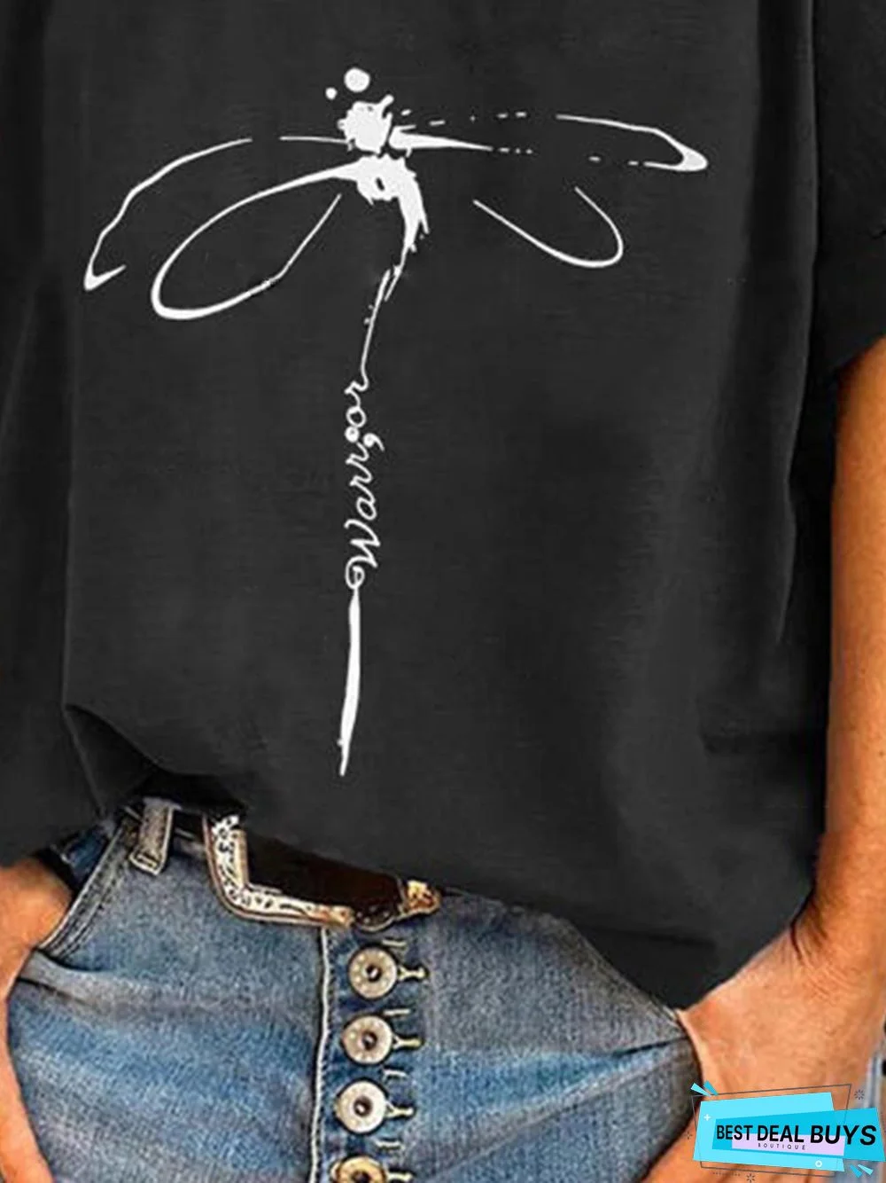 Black V Neck Printed Casual Shift Short Sleeve T-shirt