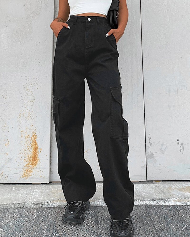 Fashionv-Cargo Pant Pocket Design Straight Leg Paralleled Jeans