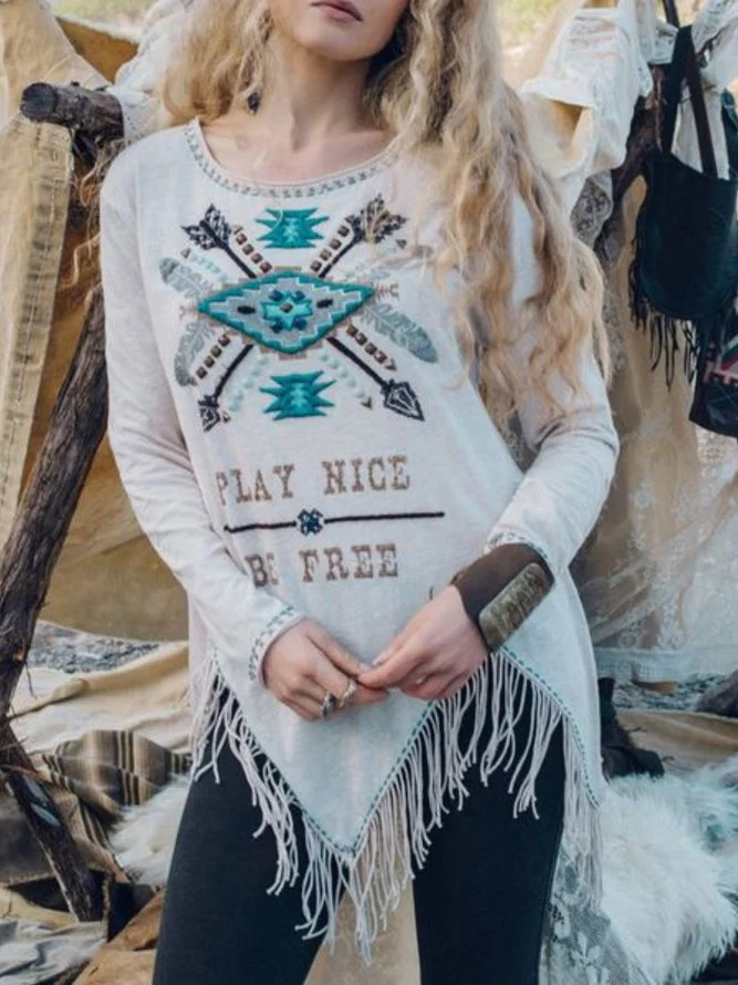 Tribal Printed Vintage Crew Neck Shirts & Tops