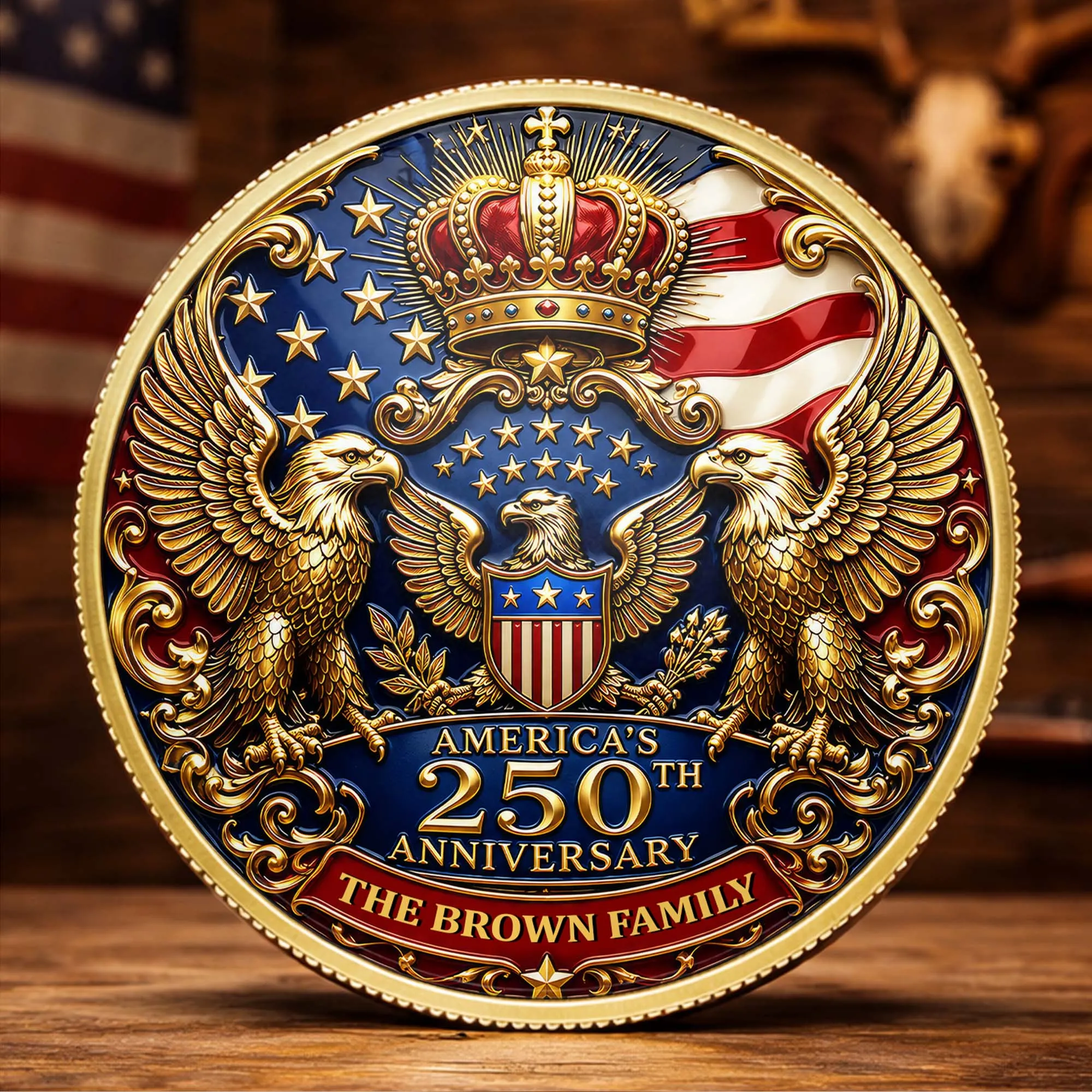 America's 250th Anniversary Our Family Bald Eagle Crown Shield - Custom Commemorative Coin - INDE636_KCOIN