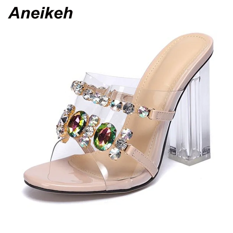 Aneikeh Summer Fashion Crystal Diamond Slides Clear PVC Transparent Slippers Women Shoes Peep Toe High Heels Mules Dress Pumps