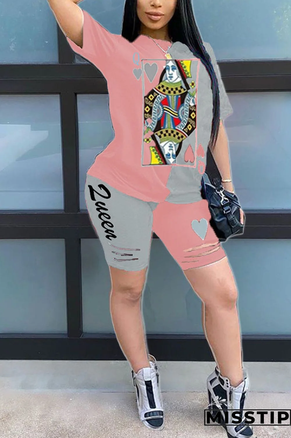 Blue venetian Fashion Casual Patchwork Print Two Piece Suits pencil Short Sleeve Two Pieces