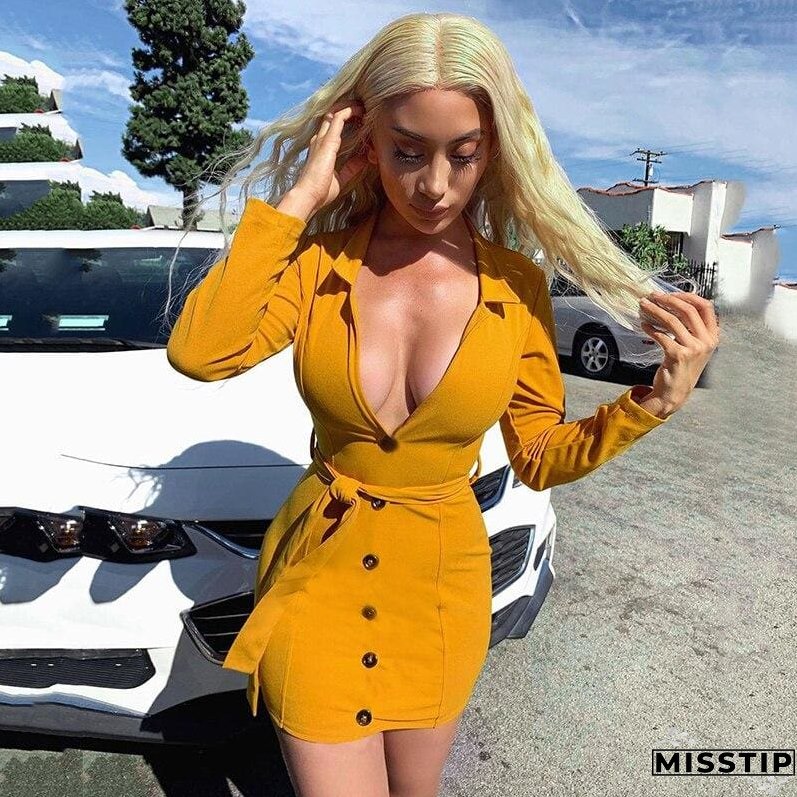 Office Lady Dress Women Long Sleeve Bodycon Ladies Dresses V neck Lace Up High waist bandage Slim OL vestidos Party Club Clothes