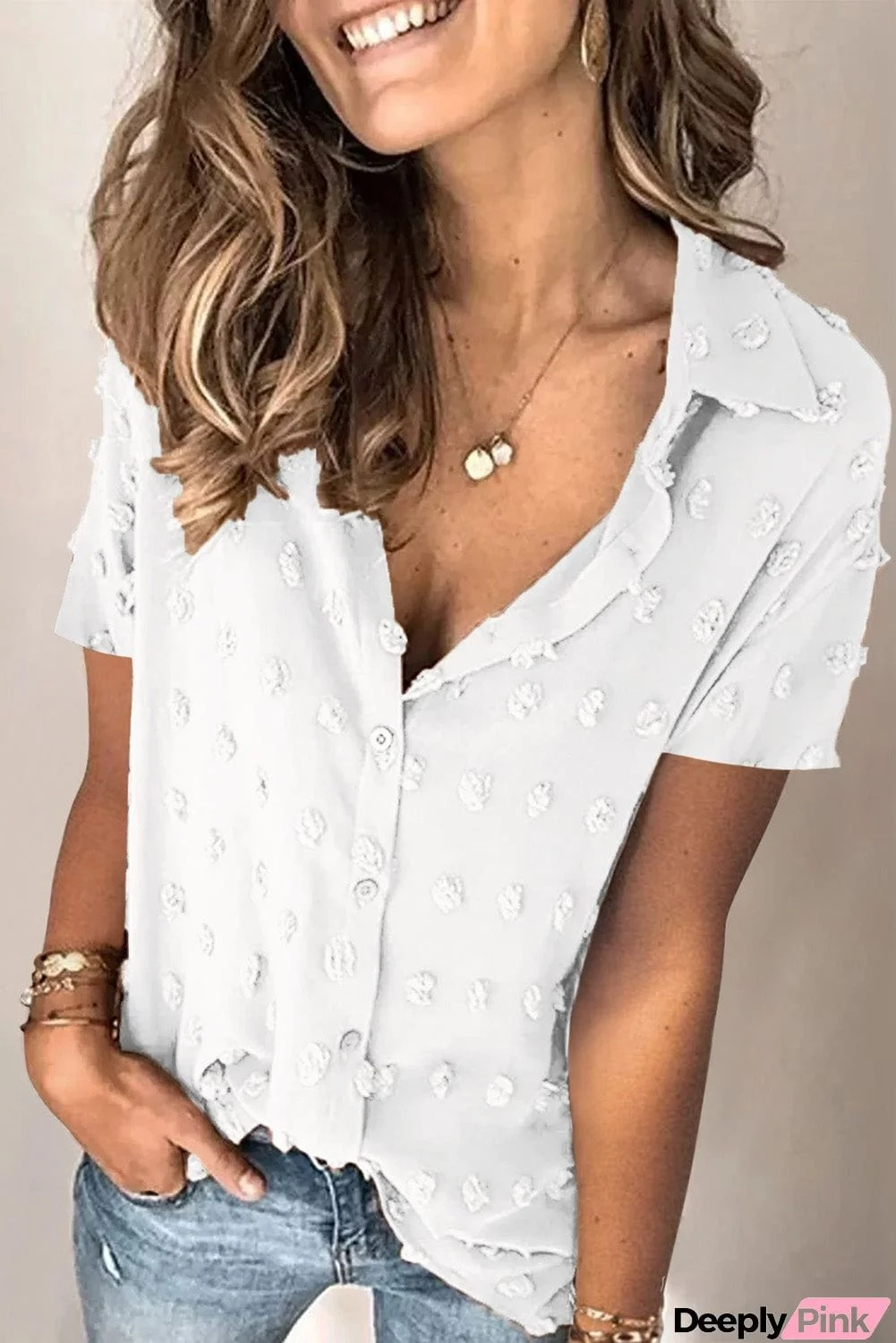 Buttoned Swiss Dot Turn-down Collar Short Sleeve Shirt