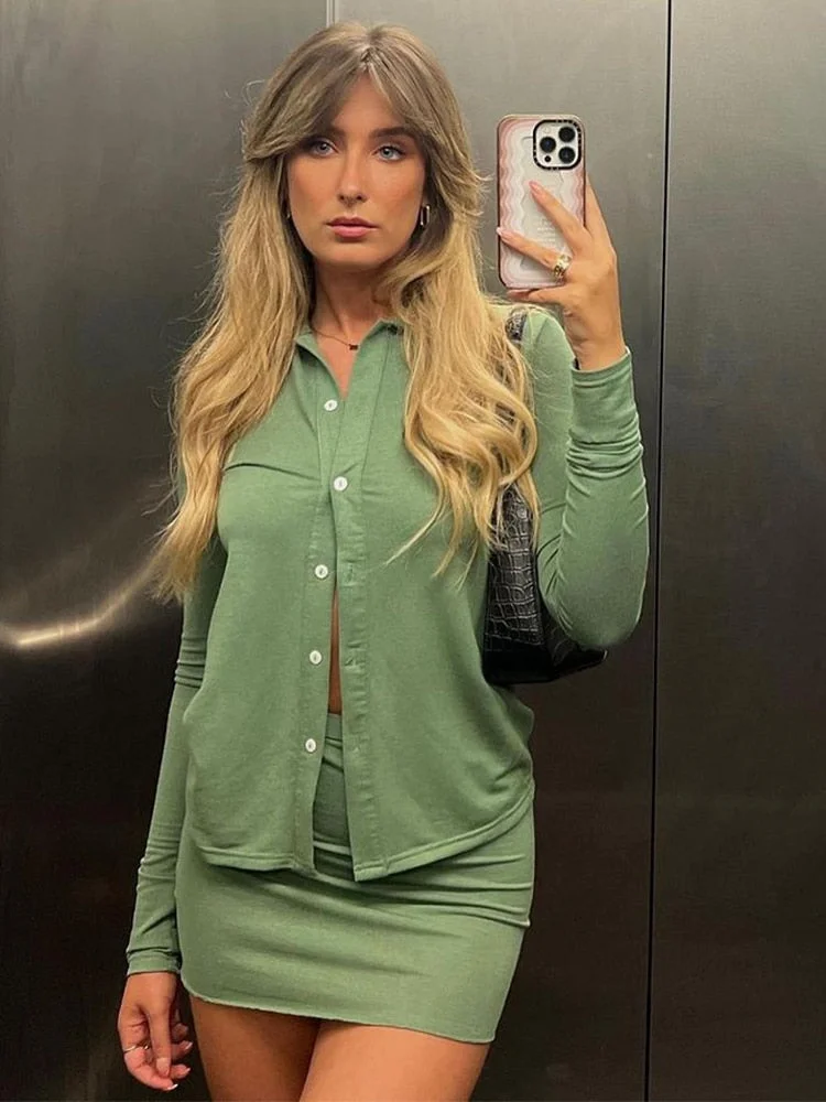 Jacqueline 2022 Y2K Green Dress Summer Sets Womens Outfits Club Party Long Sleeve Button T Shirts Top and Sexy Mini Skirts Sets