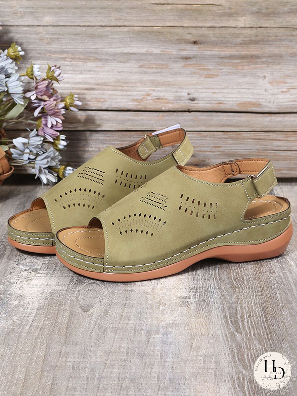 Cutout Velcro Vintage Casual Velcro Wedge Sandals