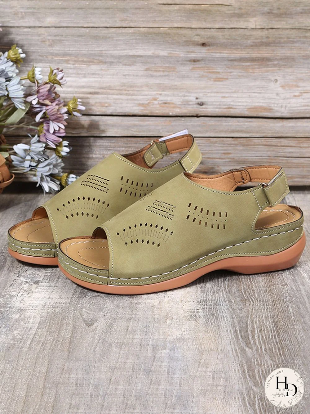 Cutout Velcro Vintage Casual Velcro Wedge Sandals