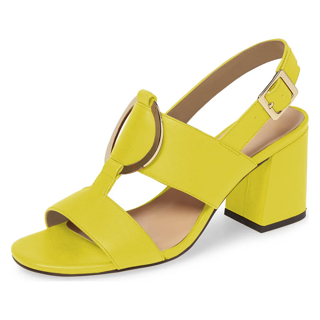 Yellow Vegan Leather Open Toe Hardware Summer Strap Heels Sandals