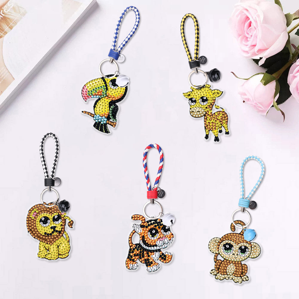 DIY Diamond Painting Leather Cord Keychain | Animals | 5 Piece Set