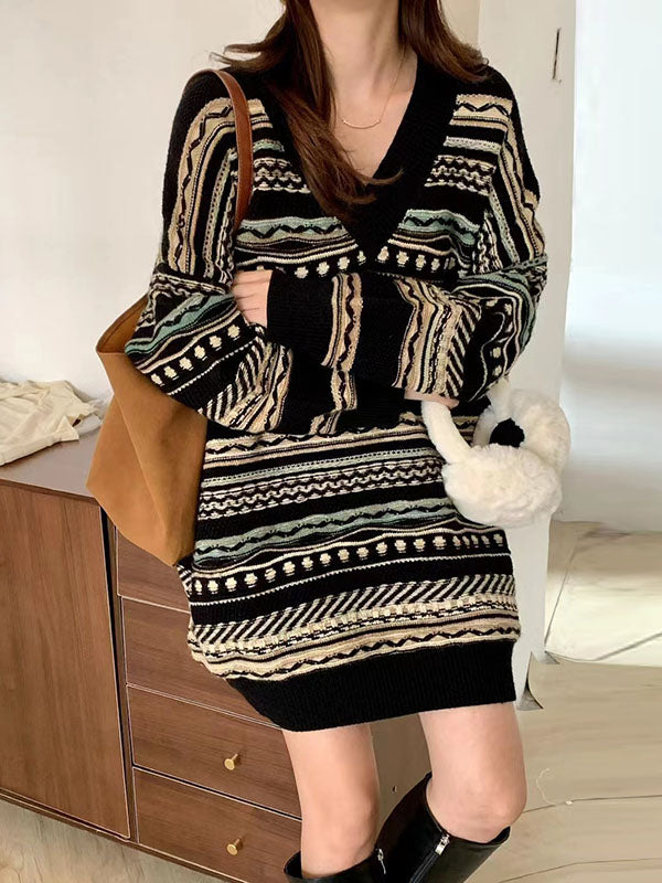 Distressed Plaid V-Neck Long Sleeve Sweater Dress main image 1
