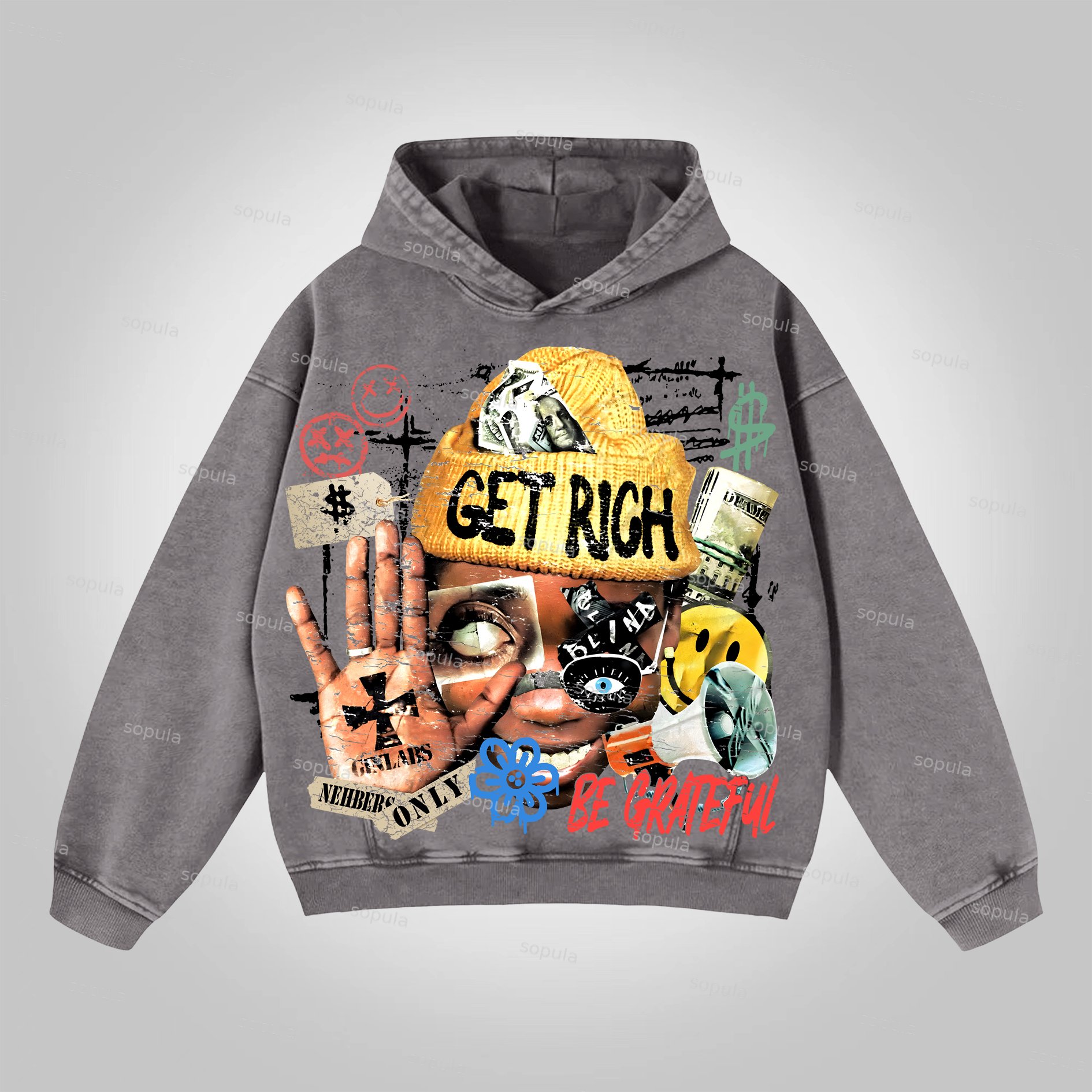 Sopula Vingate Get Rich Abstract Portrait Graphic Washed Hoodie - SOPULA