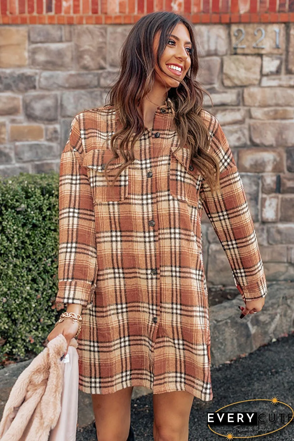 Orange Plaid Button up Side Slit Shirt Dress