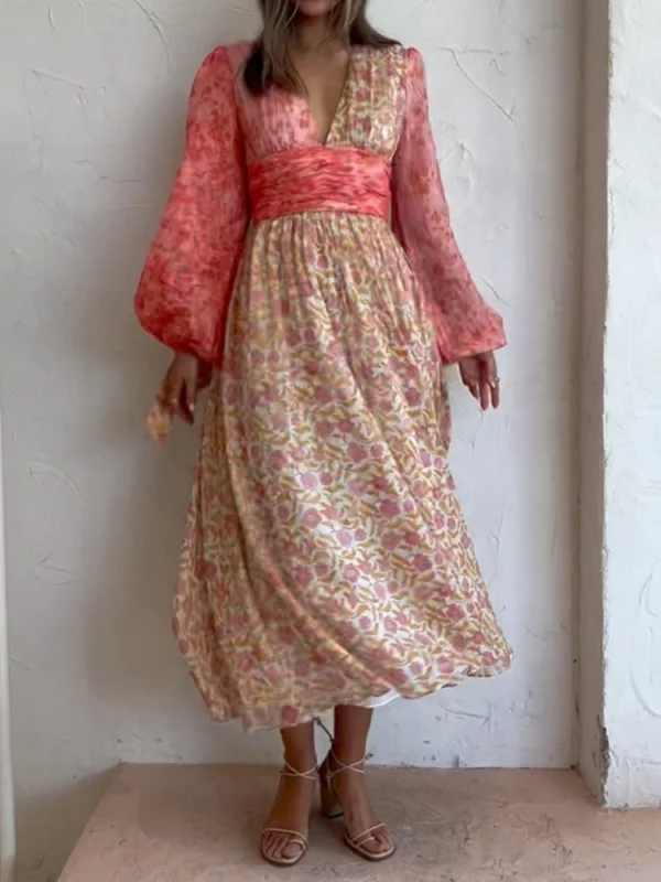 Vintage floral print long sleeved dress