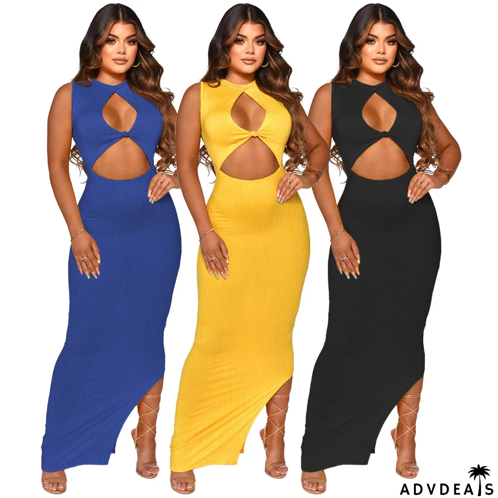 Solid Sleeveless Hollow Out Split Maxi Dress