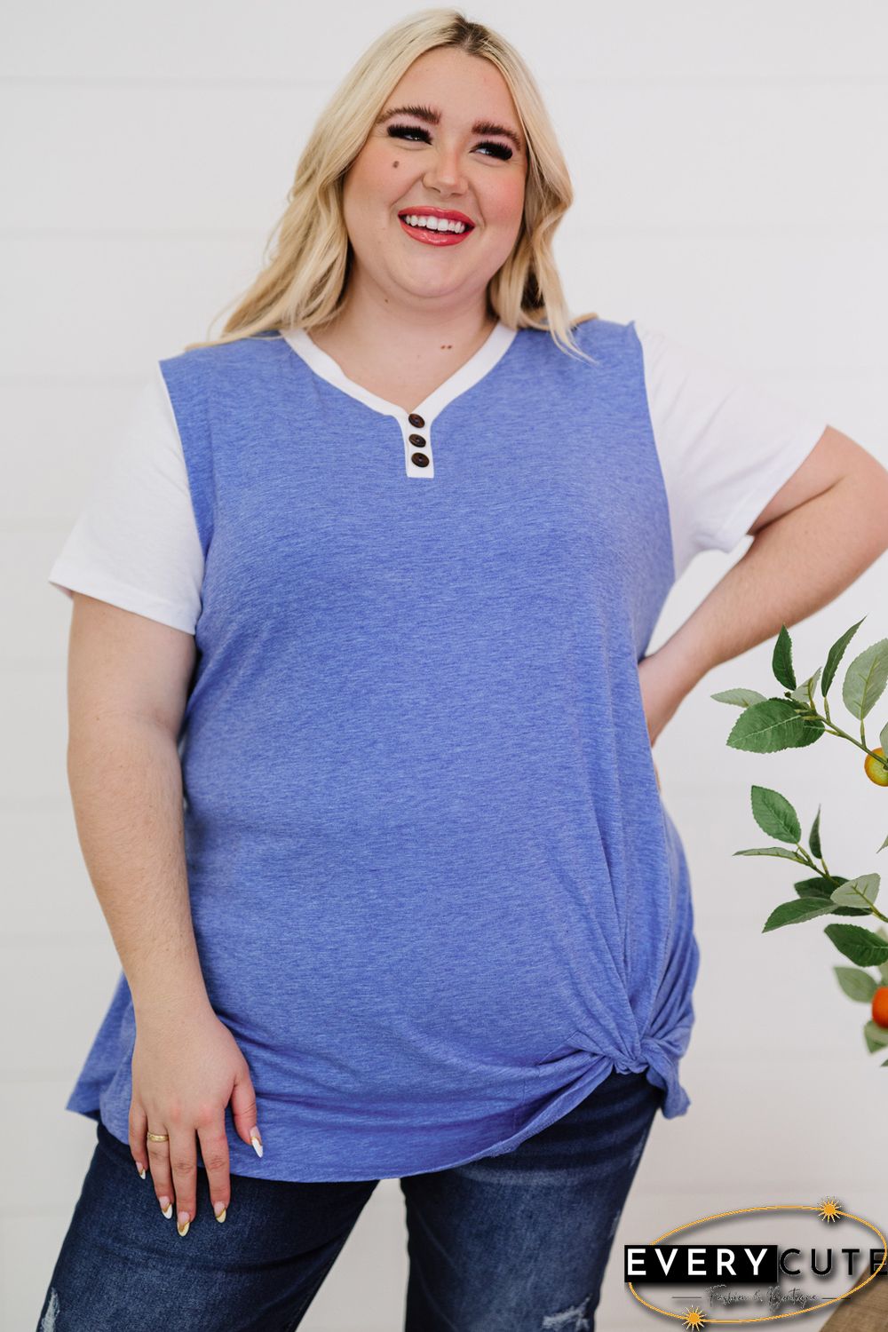 Sky Blue Plus Size Raglan Sleeve Colorblock Twist Top