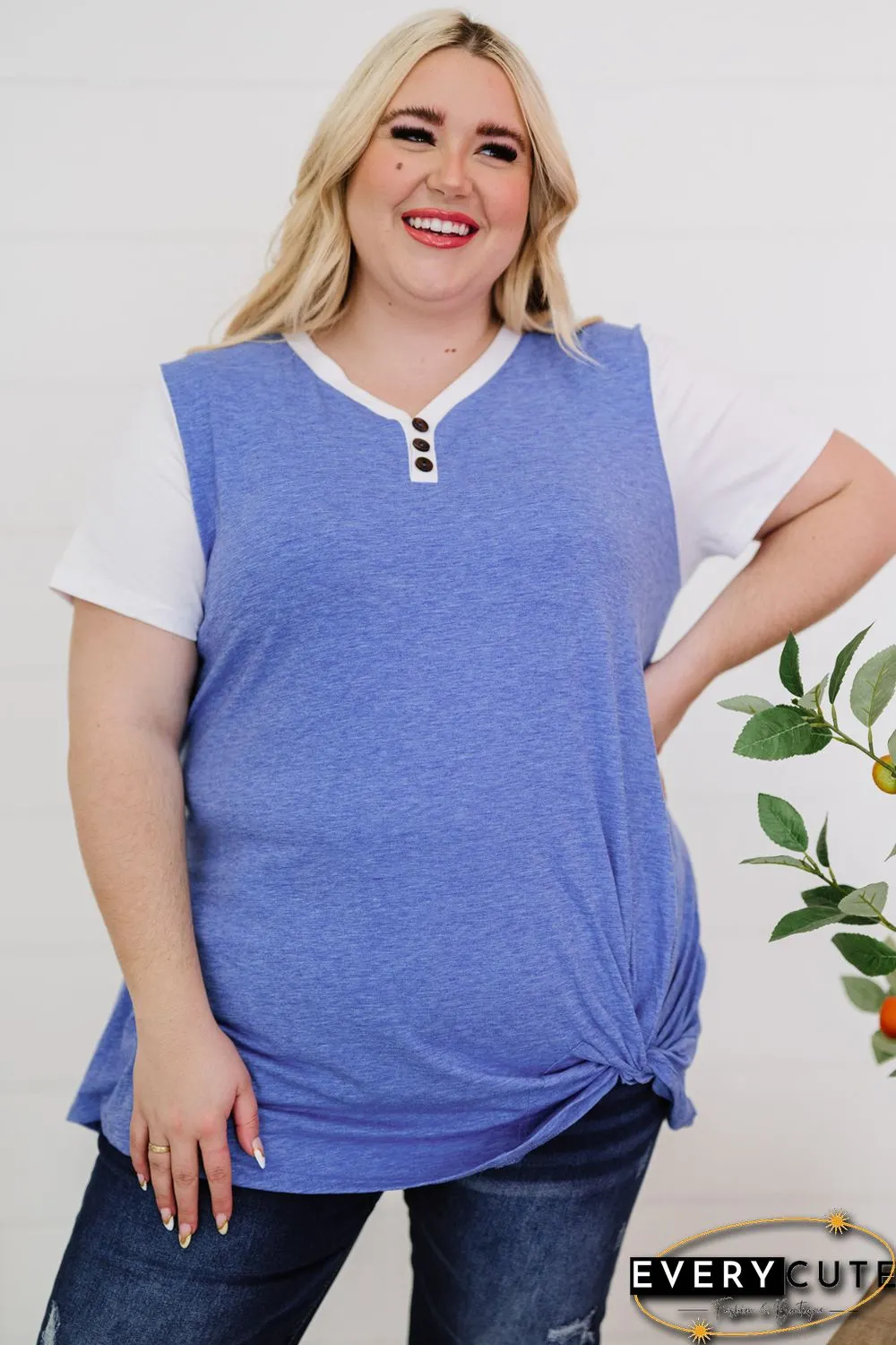 Sky Blue Plus Size Raglan Sleeve Colorblock Twist Top