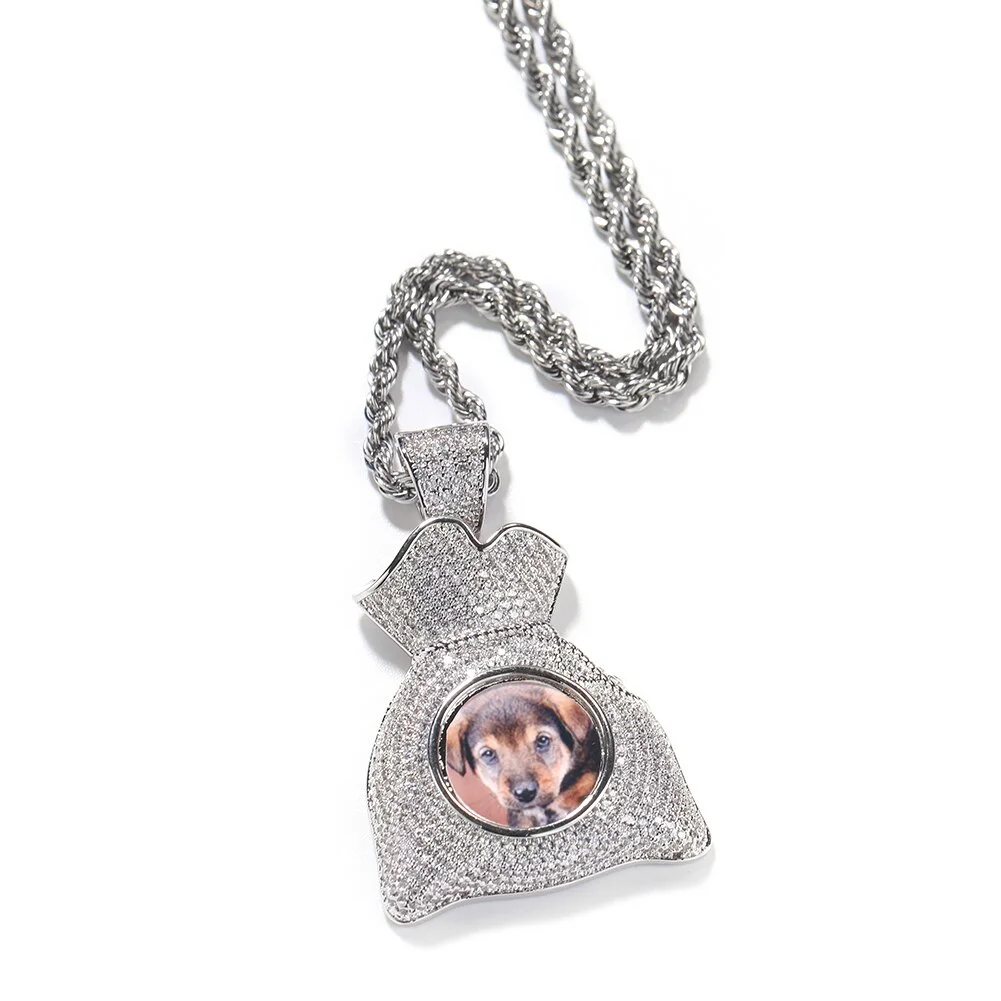 Custom Photos Money Bag Pendant Iced Out Cubic Zircon Necklaces-VESSFUL